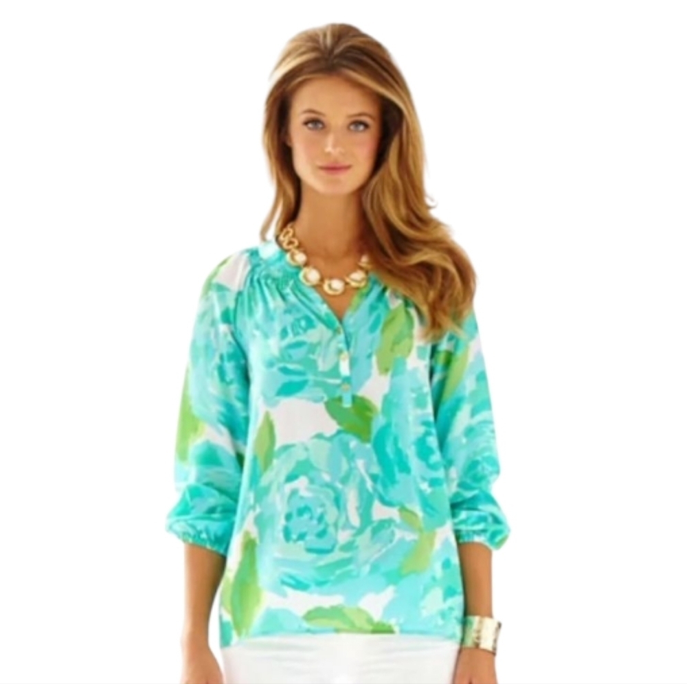 Lilly Pulitzer Elsa Blouse In Poolside Blue First Impressions Silk Size XS